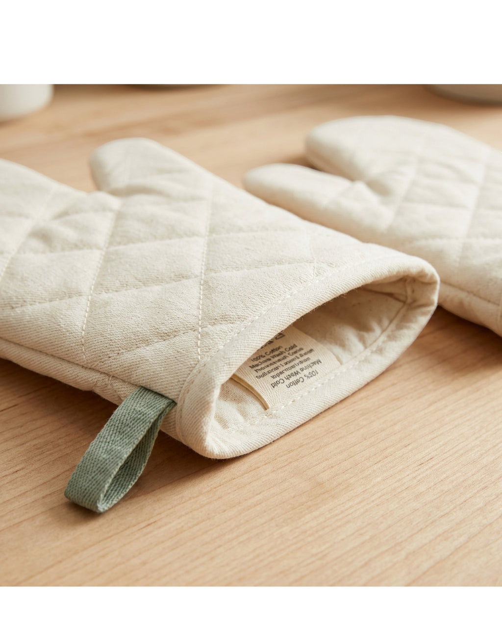 WFKNVWFKNV Long Quilted Cotton Oven Mitt Pair Sage Cream 13 Inch - Detail view