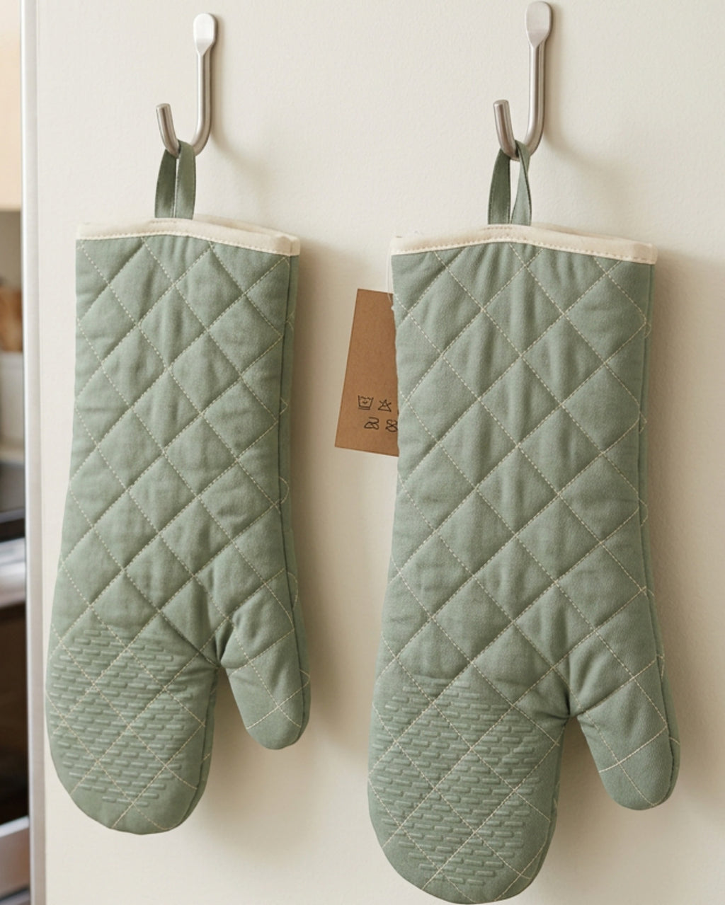 WFKNVWFKNV Long Quilted Cotton Oven Mitt Pair Sage Cream 13 Inch - Lifestyle view